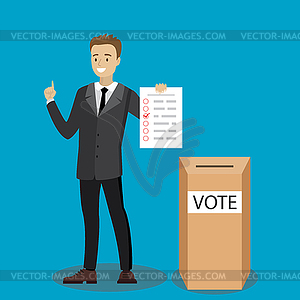 Caucasian male with voting sheet and ballot box - vector clipart / vector image