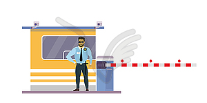 Male security guard at toll booth, uniformed office - vector image