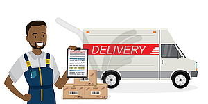 Happy african american deliveryman,delivery truck - vector image