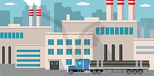 Industrial factory and long truck with metal pipes - vector image