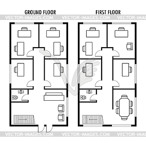 Ground and first floor plan with furniture, - vector clipart