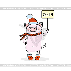 Funny and cute pig in red hat and scarf holding sig - vector clipart