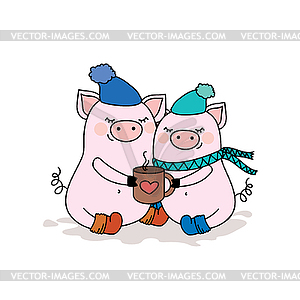 Couple of pigs in love,two cute animals in hats wit - vector image