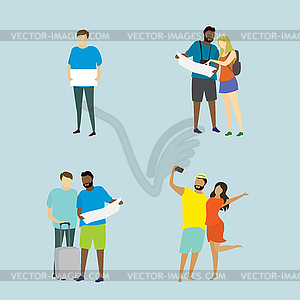 Different people travelers with suitcases and - vector clipart