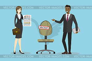 Businessman hiring new staff and woman candidate - vector image