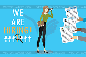 Business woman with binoculars and hands with cv - vector EPS clipart