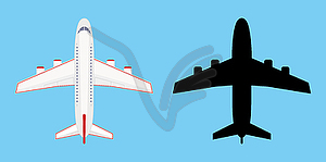 Airplane top view and black silhouette - vector image