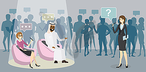 Reporter with microphone interviews arab businessma - vector image