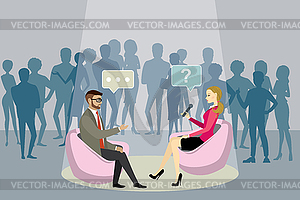 Female reporter with microphone interviews - vector clipart