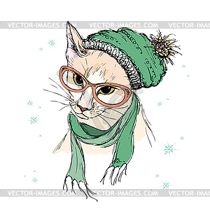 Hipster cat in modern scarf and glasses - vector clip art