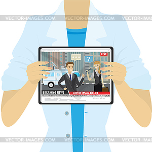 Female holding tablet pc,TV report or breaking - vector image