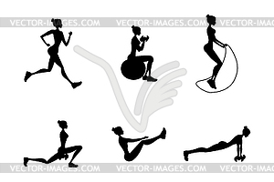 Silhouettes of women in fitness poses, - vector image