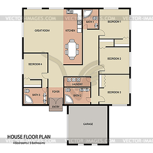 House floor plan with furniture and garage - vector clipart