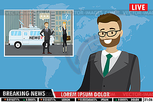 European male news anchor on tv breaking news - royalty-free vector clipart