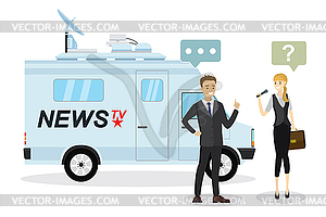 Beautiful female reporter with microphone interview - vector clipart