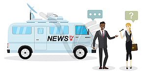 Female reporter with microphone interviews african - vector clip art