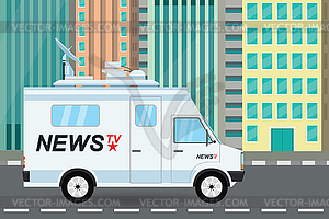 Modern news truck on city road, mobile - vector clipart / vector image