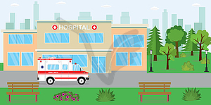 Hospital building,ambulance car and park near, - vector clipart