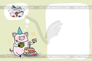 Banner or card with Funny and cute pig with cake, - vector clipart
