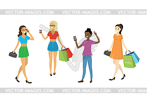 Set of beauty shopping female,woman in different - vector clip art