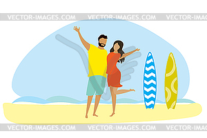 Happy couple in love on ocean beach and two - vector image