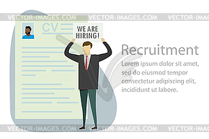 Page with cv,Businessman and plate with text- we ar - vector clipart