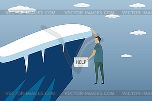 Businessman hanging over cliff,sign help in - vector image