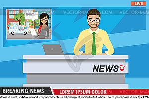 European male news anchor on tv breaking news - vector clip art