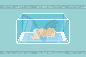 Little newborn baby in incubator box,medical and - vector clipart
