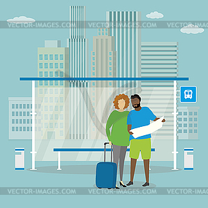 Modern public transport stop and couple of - vector EPS clipart