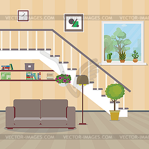 Домашний интерьер.Диван, расположенный под лестницей,ваза с - клипарт в векторе / векторное изображение