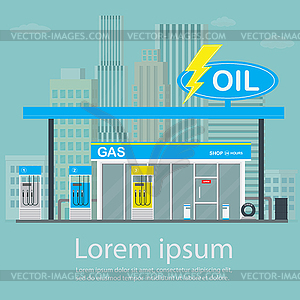 Gas station with mini supermarket,urban landscape o - vector clip art