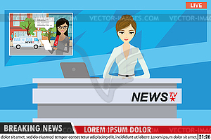 European female news anchor in modern television - vector image