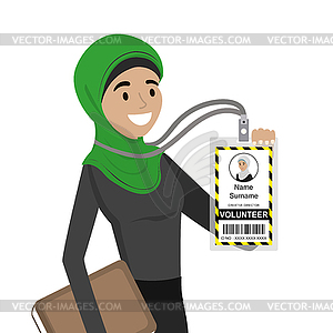 Beauty Arabic famale with volunteer id card or - vector clip art
