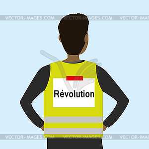 Man wearing yellow vest, back view,text on back- - vector clipart