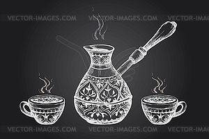 Старинная турка и кофейные кружки - изображение в векторе / векторный клипарт