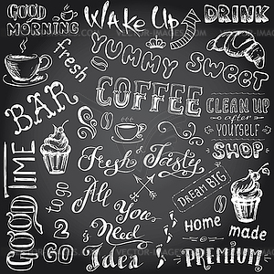 Set coffee sign and letters, on blackboard, - vector clipart