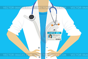 Female doctor with plastic id card badge - vector image