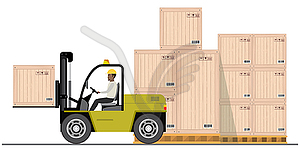 Forklift driver at work in storehouse.Stack of - vector clipart
