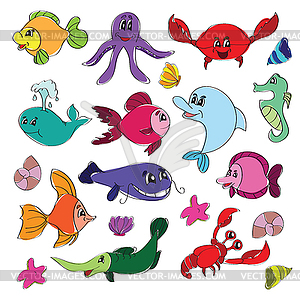 Marine life doodles - collection - vector image