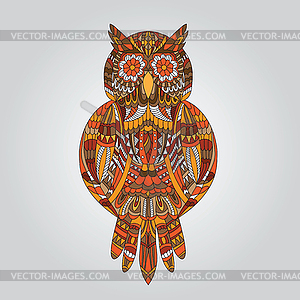 Brown owl in ornamental style for design - vector clipart