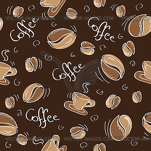 Seamless background with coffee beans and cups - vector clip art