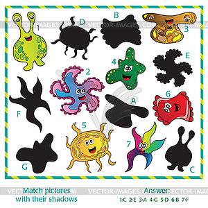 Visual puzzle - Match pictures to their shadows - vector clipart