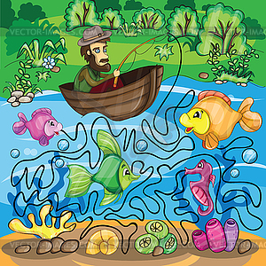 Fisherman Maze Game - vector clipart