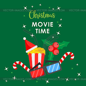 Christmas movie time. Cartoon banner on green with - vector clipart