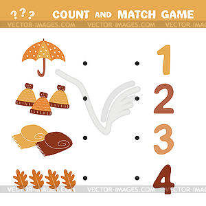 Count and match game. Count amount autumn items - vector clipart