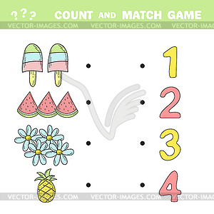 Count and match game. Count amount of summer items - vector image