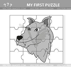 Puzzle game for children. Puzzle with wolf. Jigsaw - vector image