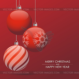 Red Christmas card with Christmas balls. Banner - vector image