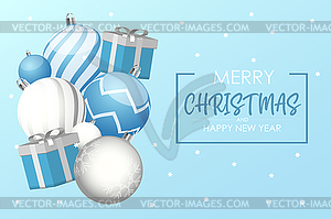 Gift box with white and blue christmas balls. New - vector image